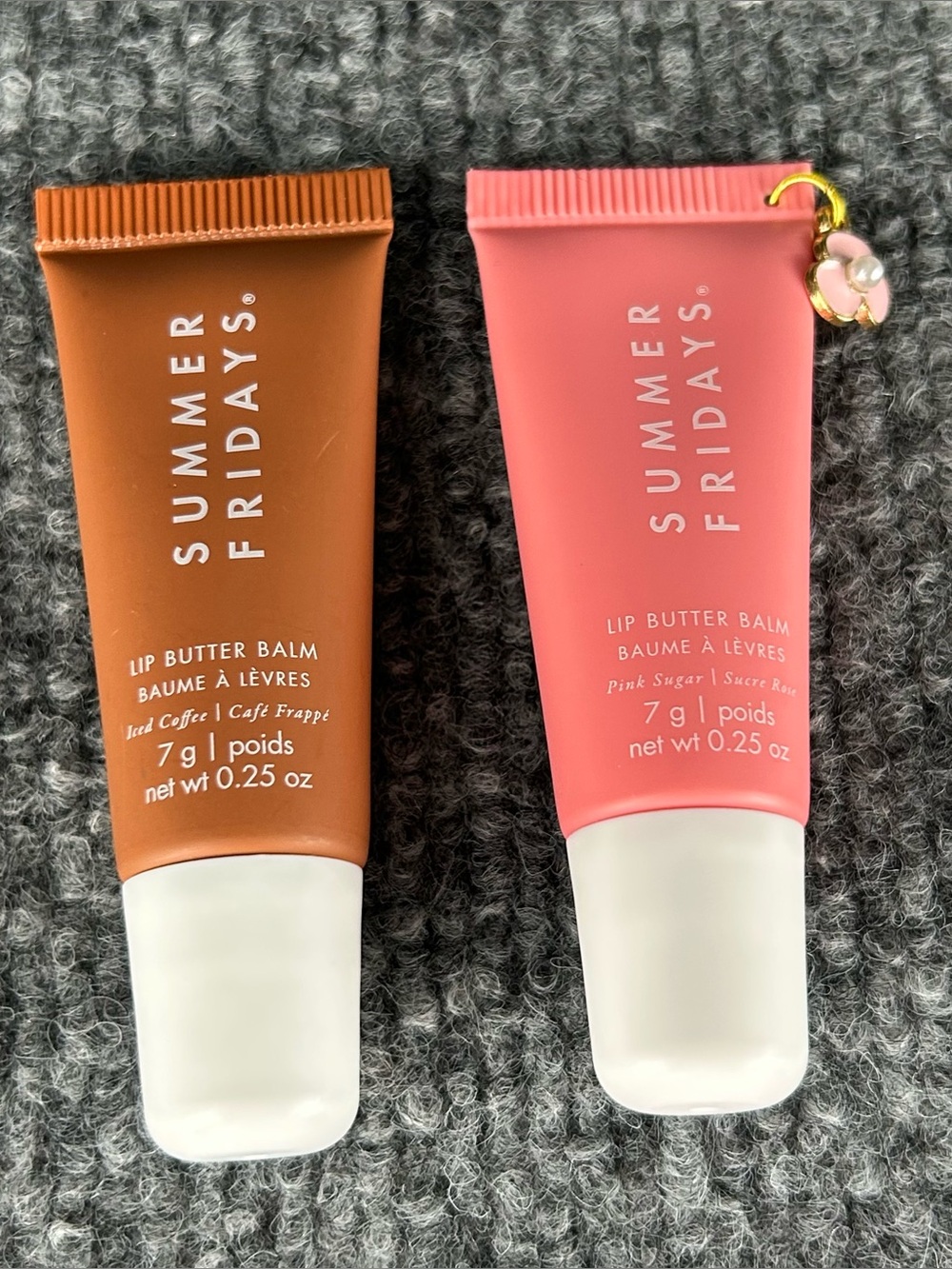 Two SUMMER FRIDAYS Lip Butter Balm PINK SUGAR w Charm & ICED COFFEE 7g each Mini